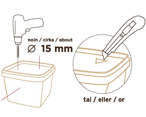 Poraa tai leikkaa reikiä muovipurkkiin - yksi reikä noin 1,5 litraa kohden